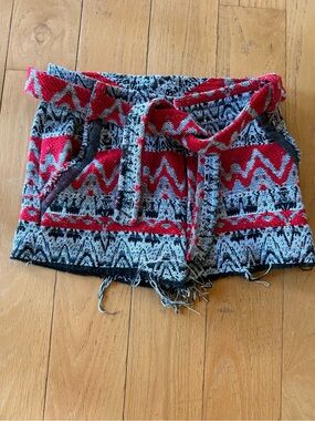 IRO Red and Light Blue Aztec Knit Tie-Waist Jean Shorts